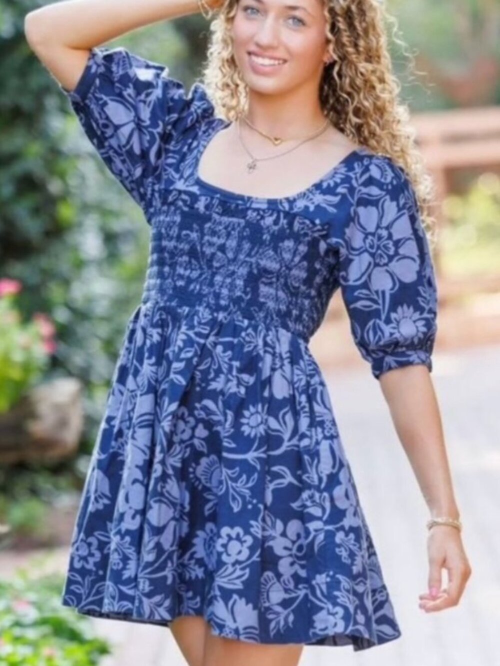 Free People Delilah blue floral puff sleeve smocked backless Mini Dress XS